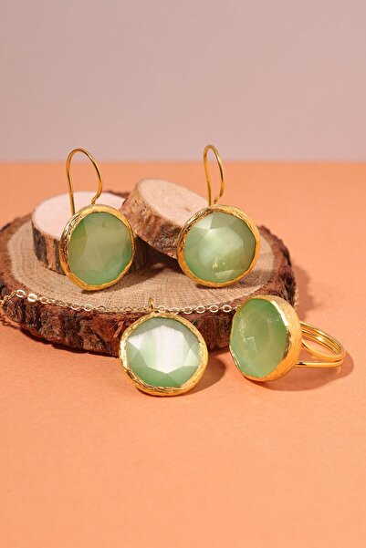 Beyisa Güneş Taşı Serisi Yuvarlak Kesim Turkuaz Kedi Gözü 22 Ayar Altın Kapla...