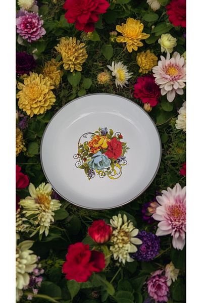emaye market Enamel 18cm Patterned Custard Food Breakfast Set - Pit, Salad and Chips Plate