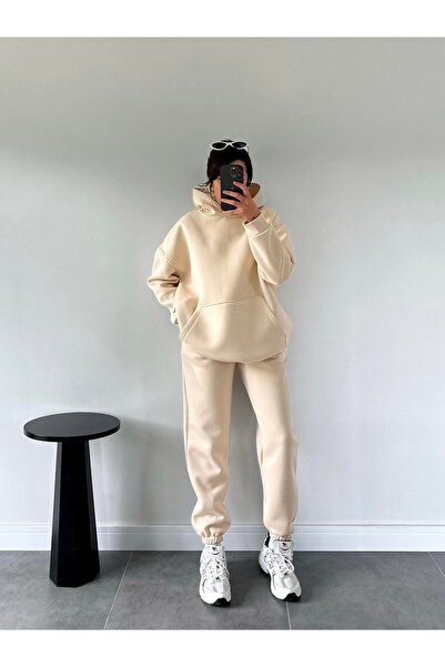 OYKUWEAR Cosmos Oversize Bej Hoodie Takım
