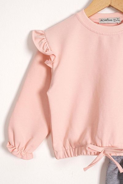 zepkids Crew Neck Long Sleeve Trousers with Stitching Detail Salmon Gray Color Girl's Tracksuit Set