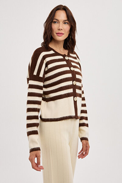 BEJNA Γυναικεία μαλακή πλεκτή ζακέτα με μεταλλικά κουμπιά καφέ ριγέ