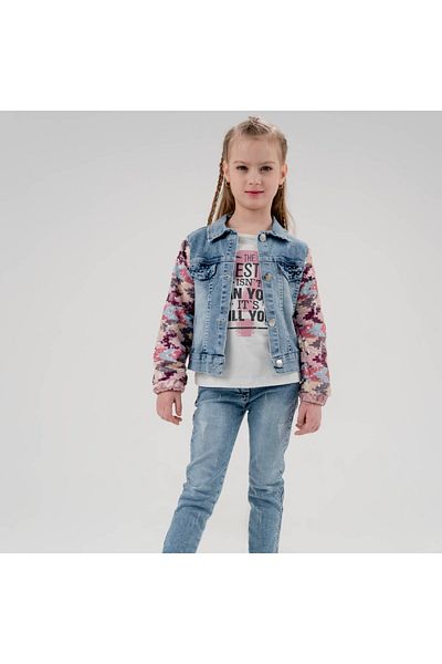 Cool Exclusive Girl's Sequin Sleeve Jeans Jacket Set