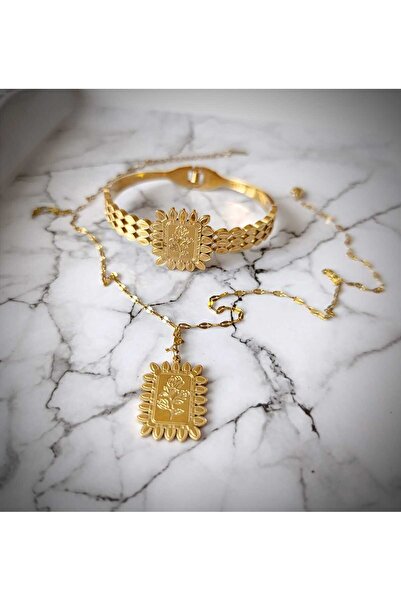 RSB Bijuteri Bileklik kelepçe ve zincirli kolye gül'lü altın kaplama çelik 2'li set + hediye paketi