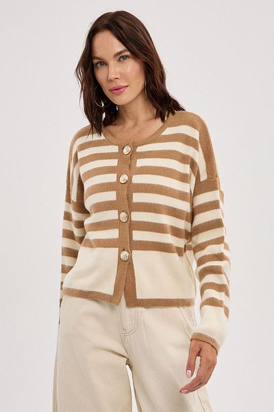 BEJNA Damen-Cardigan aus weichem Strick mit Kamelstreifen und Metallknöpfen