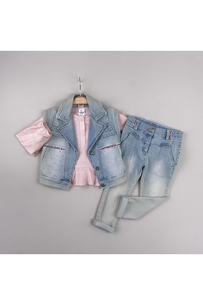 Cool Exclusive Glittery Denim Vest Girl's Set with Pockets