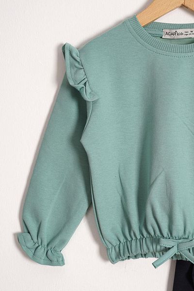zepkids Crew Neck Long Sleeve Trousers Stitching Detailed Çağla Smoke Color Girl's Tracksuit Set