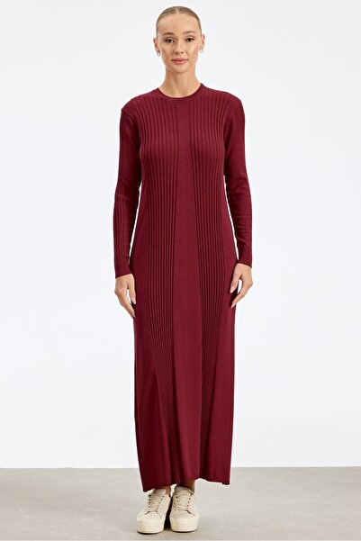 Tığ Triko Fitil Detaylı Rayon Elbise VİŞNE