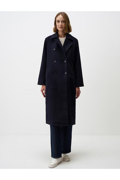 Jimmy Key Navy Blue Button Detailed Jacket Collar Midi Stamp Coat