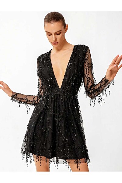 MODAS UZUN KOLLU V YAKA SAÇAKLI PULLU MİNİ ELBİSE