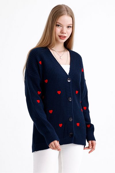 MD trend Cardigan de tricotaj cu nasturi cu model de inimă pentru femei