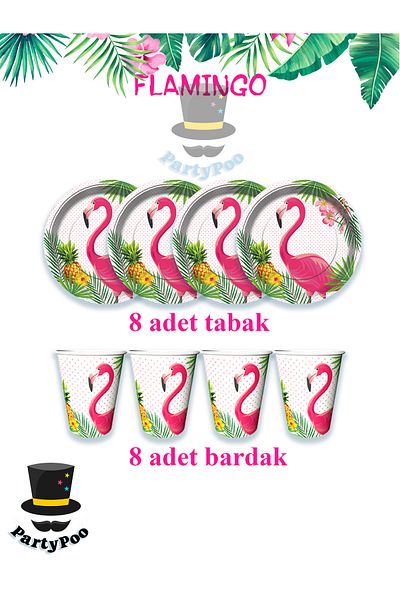 PartyPoo Flamingo Themed Set of 8 Plates and Cups |   Birthday Party Ornament and Decoration