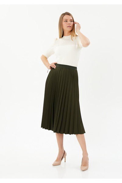 G-Line Haki Midi Boy Beli Lastikli Yüksek Bel Plise Etek