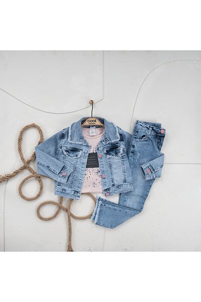 Cool Exclusive Girl's Colorful Buttoned Denim Jacket Set
