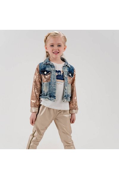 Cool Exclusive Girl's Jeans Set with Sequined Leather Leggings and Sleeves