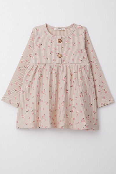 Breeze Beige Colored Girl's Long Sleeve Floral Print Dress - 1.5-5 Years