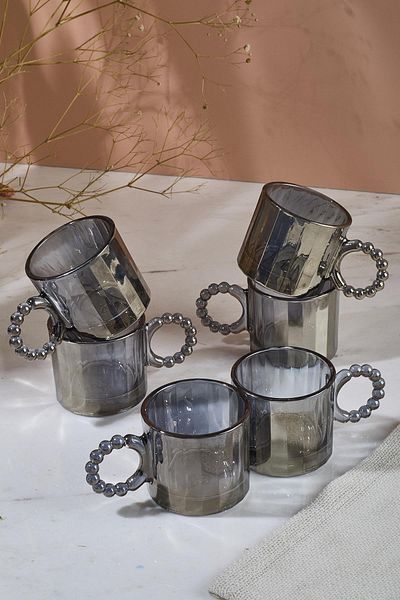 Perotti Ringo Line Smoked 6-Piece Bead Handles 100ml Glass Cup Espresso and Turkish Coffee Cup