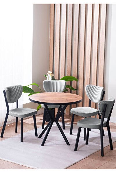 AVVİO Elma Yuvarlak Ceviz Mutfak Masa Takımı 4 Sandalyeli Salon Yemek Masa Ta...