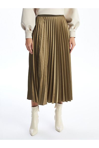 LC Waikiki Lcw Modest Black Elastic Waist Satin Women's Pleated Skirt