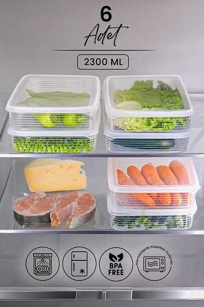 Kitchen Life 6 Pieces 2300 ml Refrigerator and Microwave Storage Container - Refrigerator Organizer Storage Box
