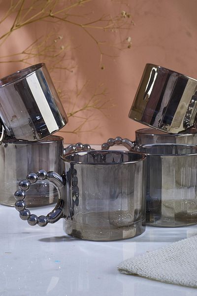 Perotti Ringo Line Smoked 6-Piece Bead Handles 100ml Glass Cup Espresso and Turkish Coffee Cup