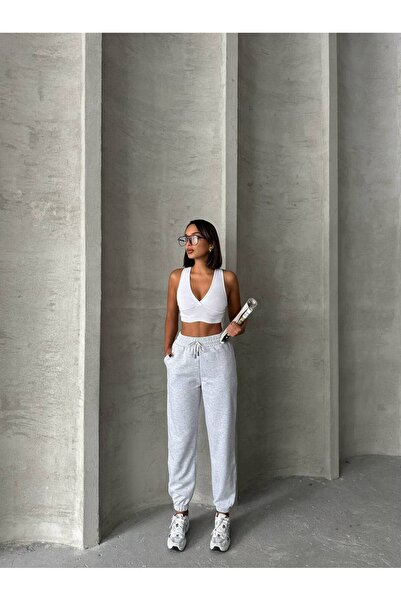 owwon Γυναικεία γκρι άνετη εφαρμογή ψηλόμεσο πόδι ελαστική τσέπη Oversize αθλητική φούτερ