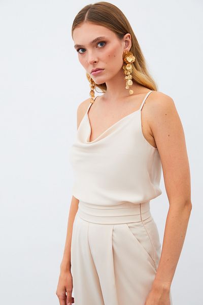 Sateen Beige Satin Blouse - Degaje Collar