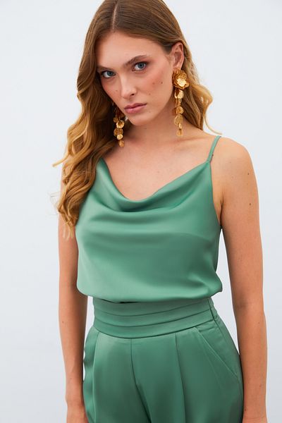 Sateen Satin Degaje Collar Blouse - Khaki