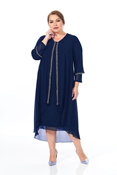 LİLAS XXL 9175 Büyük Beden Şerit Taş Detay Önü Kapaklı Şifon Kısa Elbise