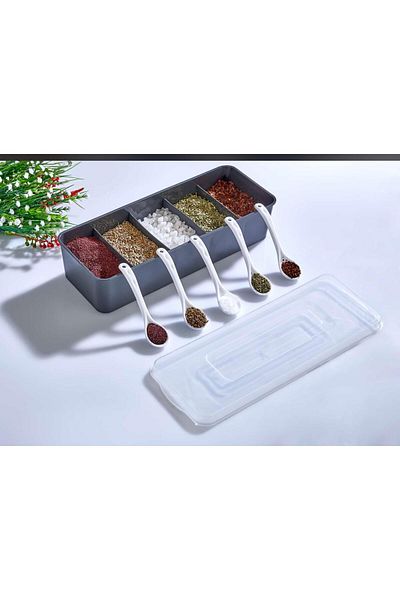 Bayev Mario Spice Rack with Spoon - 5 Compartments Spice Storage Container Tabletop Spice Box