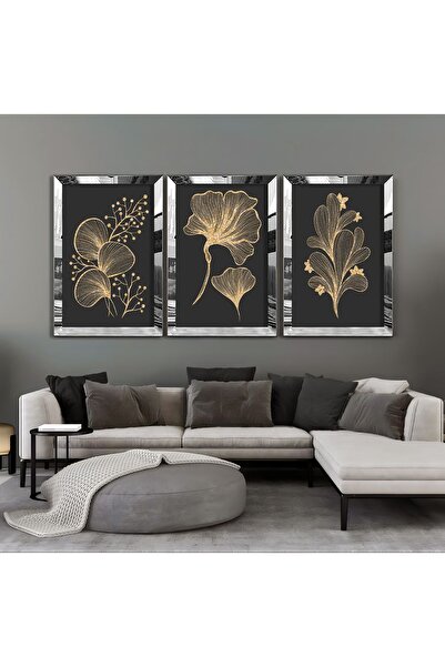 Harikabirev HARİKABİREV - 01 Model Combinație de flori și frunze aurii-negre, pictură MDF cu cadru Plexi KRFZ