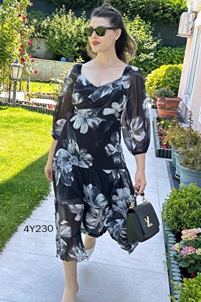 İnce Topuk Double Breasted Chiffon Dress - Cross Tie Detail, Model 4Y230