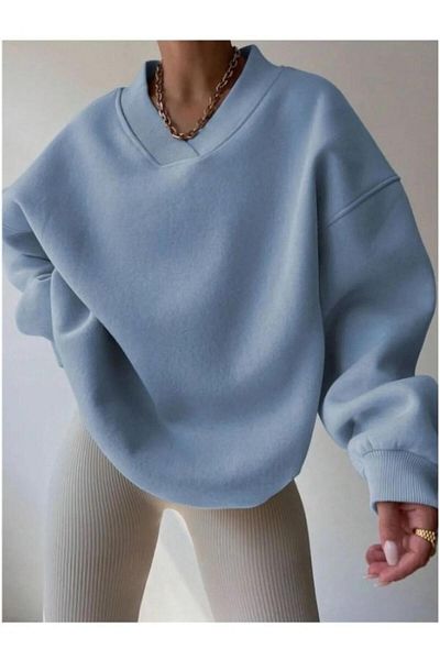 NO 601 Hanorac oversize pentru damă, albastru baby, cu decolteu în V