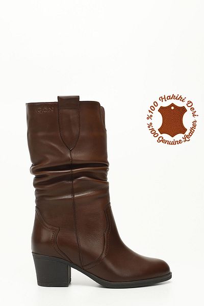GÖNDERİ(R) Women/Girls Brown Antique Thick Heeled Gusseted Genuine Leather Boots