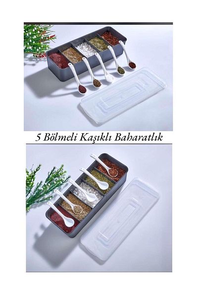 Bayev Mario Spice Rack with Spoon - 5 Compartments Spice Storage Container Tabletop Spice Box