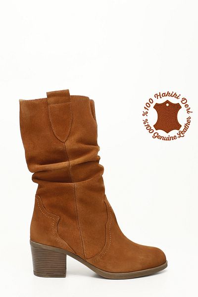 GÖNDERİ(R) Women's / Girls' Tan Suede Thick Heeled Genuine Leather Boots