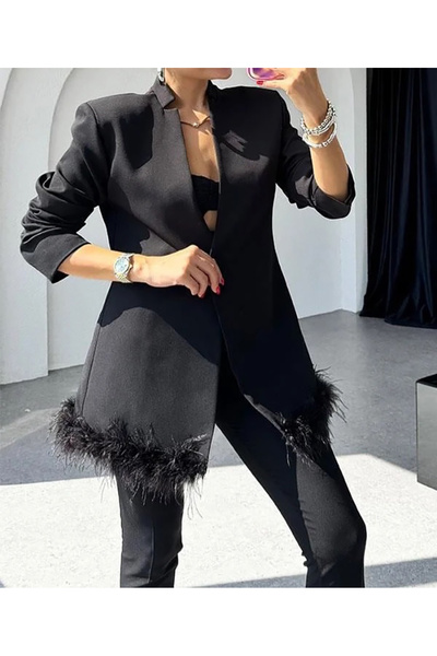 BURCE Altı Otriş Detaylı Uçları Tüylü Blazer Ceket