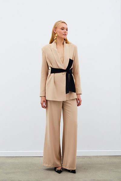 Sateen Beige Loose Crepe Trousers