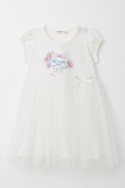 Breeze Girl's Dress with Glasses Cute Kitten Printed 1.5-5 Years, Ecru