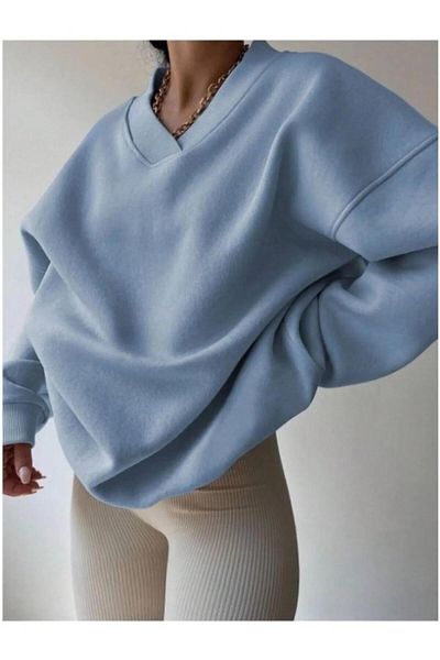 NO 601 Hanorac oversize pentru damă, albastru baby, cu decolteu în V