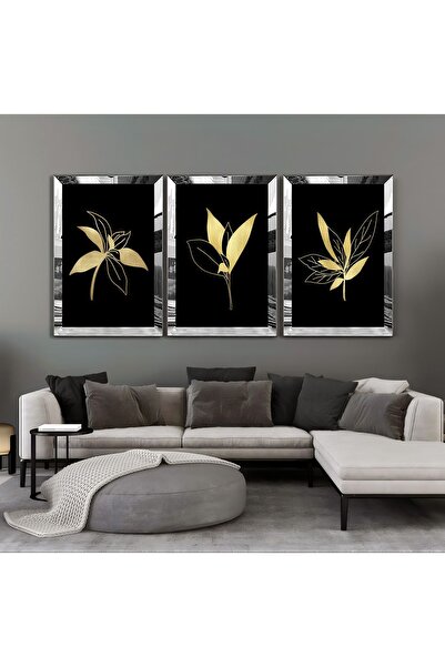Harikabirev HARİKABİREV - 03 Model Combinație de flori aur-negru, pictură MDF cu cadru Plexi