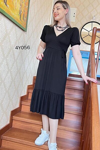 İnce Topuk Kruvaze Yaka Yandan Bağlamalı Elbise 4y056