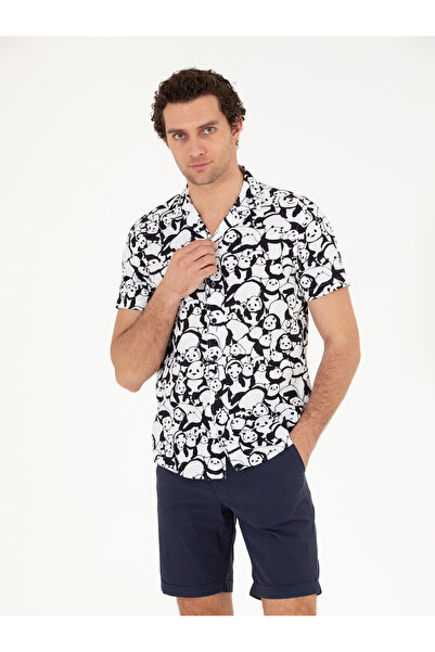 Cacharel Black Slim Fit Linen Blended Short Sleeve Shirt 50265490-Vr046