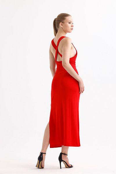 Sense Red Viscose Dress - Slit, Back Low Cut, Cross Strap, Sleeveless, Square Collar |   35781