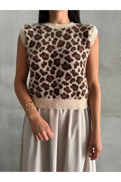 Laluvia Steinbrauner, weicher Pullover mit Leopardenmuster