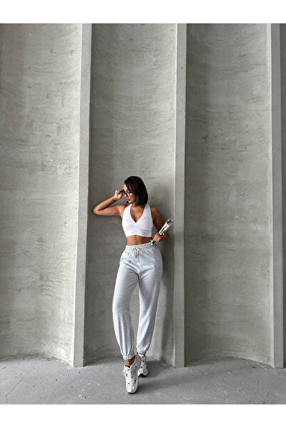 owwon Γυναικεία γκρι άνετη εφαρμογή ψηλόμεσο πόδι ελαστική τσέπη Oversize αθλητική φούτερ