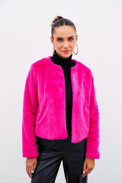 Sateen Fuchsia Collarless Plush Jacket