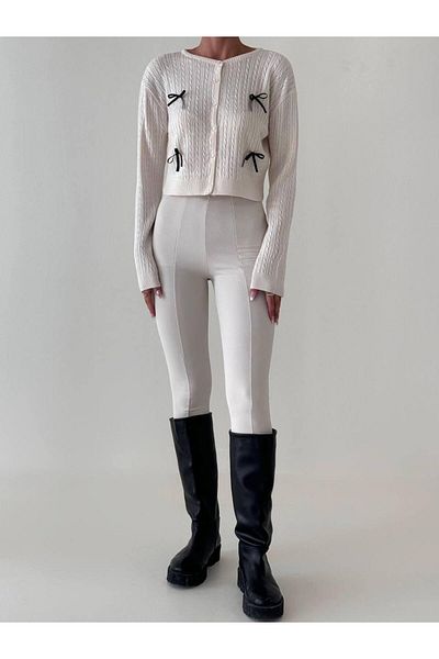Cistern İstanbul Cardigan de tricotaj cu fundă crem pentru damă