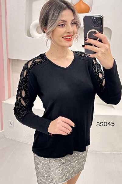 İnce Topuk Laser Cut Pul Detail Blouse with Sleeves 3S045