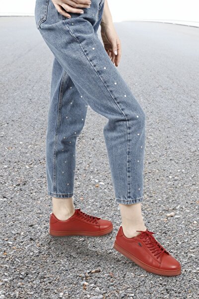 GÖNDERİ(R) Piros antik Gön valódi bőr kerek orrú fűzős női tornacipő 24237