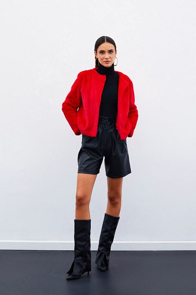 Sateen Red Collarless Plush Jacket